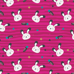 Seamless pattern with bunny rabbit cartoons, cute flower and carrot on stripped background. Rabbit face icon sign vector.