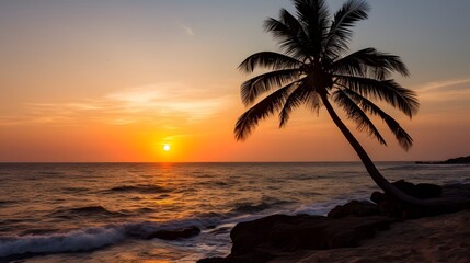 Stunning sunset silhouette of a lone palm tree standing tall on a deserted tropical beach  Peaceful and serene landscape with the ocean sky and sand creating a tranquil idyllic scene
