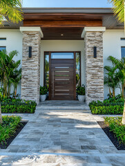Contemporary home entrance featuring a wooden door, stone pillars, and a tiled walkway, framed by lush tropical greenery.