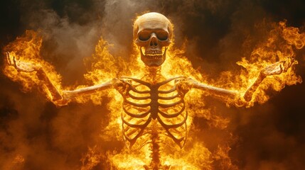 Skeleton Surrounded by Flames in Dramatic Fire Effect Scene