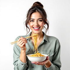 Young woman eating noodles