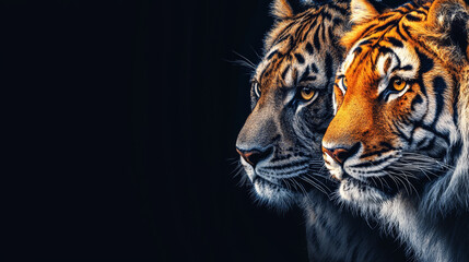 Fototapeta premium Close-up shot of two regal tigers side-by-side, one with muted colors and the other with vibrant orange hues, against a dark backdrop.