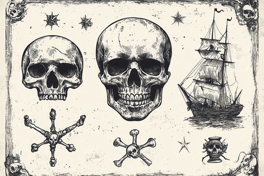 Detailed vintage illustration featuring pirate skulls, a sailing ship, and nautical elements, evoking a classic maritime adventure theme