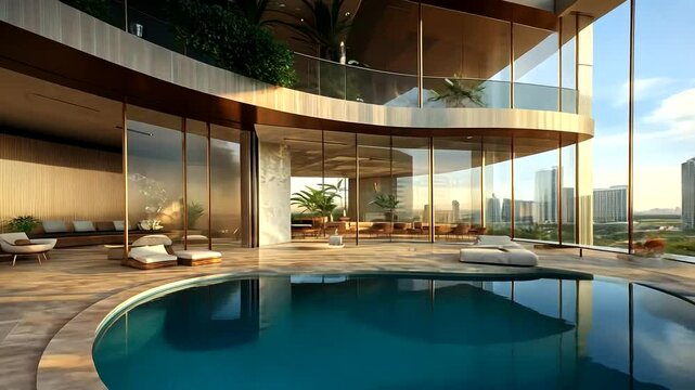 Luxury condo pool, city view, sunrise, relaxation