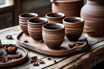 Rustic Brown Earthenware Cup Set Perfect for Home Decor and Elegant Tableware