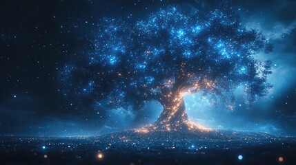 Glowing tree under a starry sky, illuminating the landscape with ethereal light