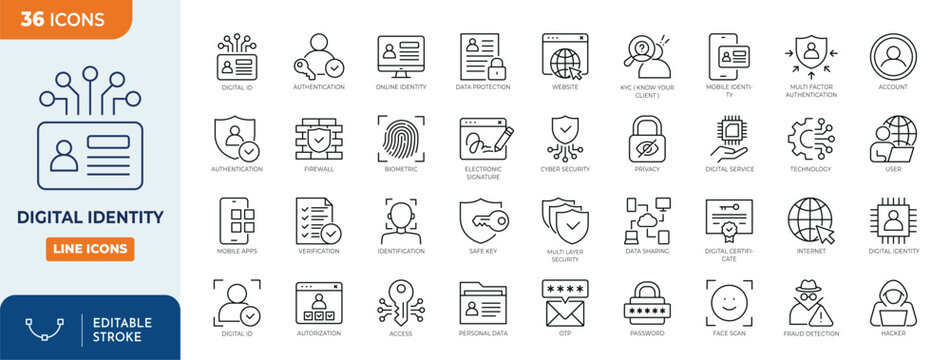 Digital identity icon set. Containing Biometric Data, Internet, Cyber Security, Confidentiality, Authentication, Password, and more. Outline Icon Collection. Vector illustration. Editable stroke