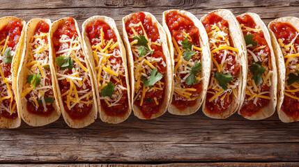Row of loaded tacos filled with salsa, cheese, and cilantro, placed on a rustic wooden surface.