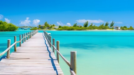 Obraz premium Picturesque wooden fishing pier extending out over crystal clear turquoise waters creating a peaceful and serene coastal landscape