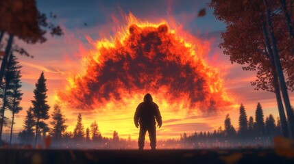 Figure silhouetted against sunset with fiery bear apparition in the sky surrounded by autumn trees in warm tones Dreamlike and surreal