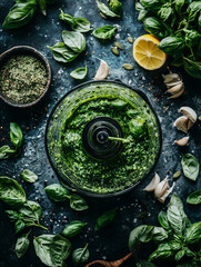Fototapeta premium Overhead view of pesto ingredients with a food processor, fresh basil, garlic, lemon, and herbs on a dark background.