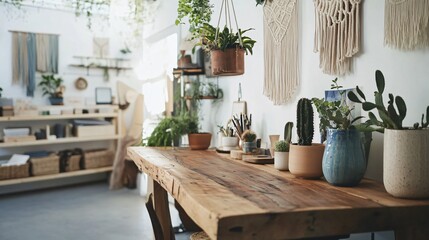 Rustic Wooden Table with Plants and Macrame Wall Hangings in a Bohemian-Style Studio