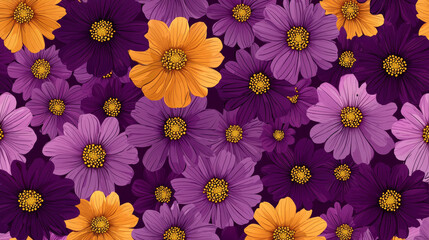 Fototapeta premium A digitally rendered floral pattern with purple and orange daisy-like flowers with yellow centers.