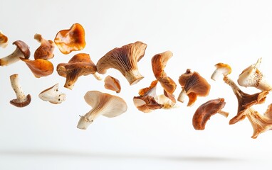 A mix of wild mushrooms levitating in mid air with soft natural light isolated on white