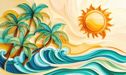 Fototapeta na wymiar Tropical beach scene, paper art style, ocean waves, summer vacation poster