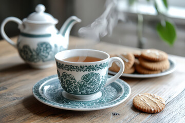 Fototapeta premium Steaming tea, cookies, and teapot create cozy moment