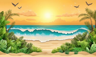 Obraz premium Tropical beach sunset, ocean waves, palm trees, relaxing vacation scene
