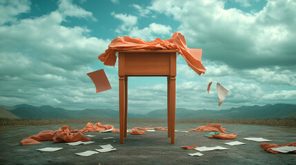 Disrupted podium stand a daring display of chaos amidst nature's serenity