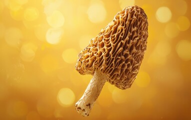 A morel mushroom tumbling in motion with realistic highlights on a warm golden gradient background