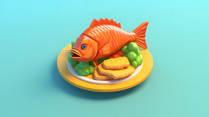 Fried Fish isometric Cartoon 3D Colorful