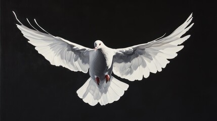 A graceful white dove soaring through the air, wings spread wide, captured in mid-flight against a dramatic black background.