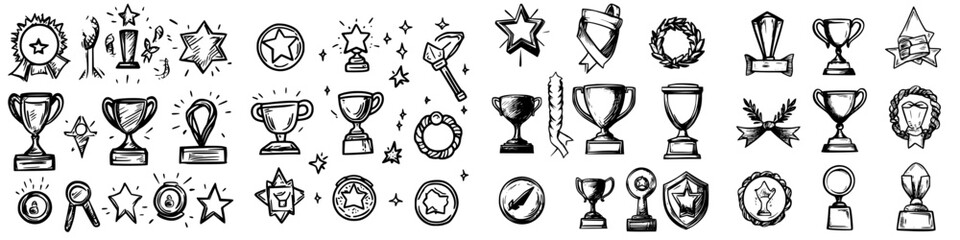 Obraz premium Variety of award trophies and recognition symbols illustrated in black and white designs for celebration events and competitions