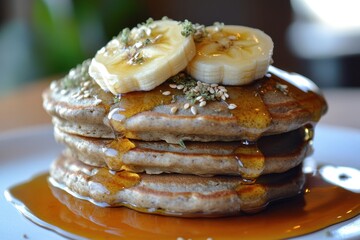 Vibrant stack of fluffy vegan pancakes made with oat flour, drizzled with syrup and topped with fresh berries.