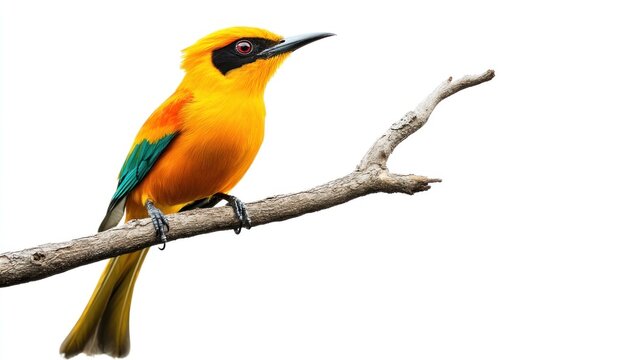 A bright yellow bird perched gracefully on a tree branch, showcasing its vibrant feathers