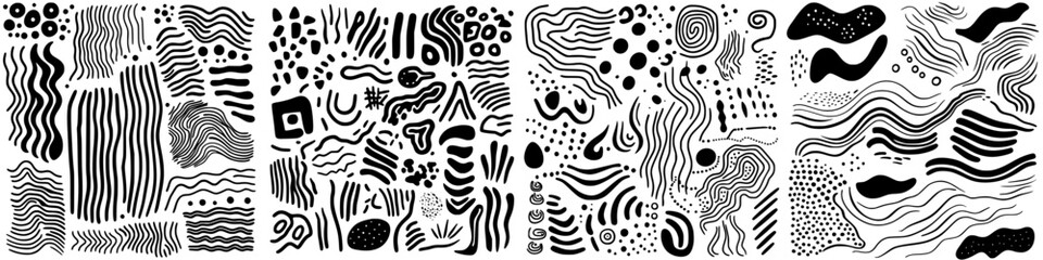 Abstract black and white patterns showcase intricate designs and textures, creating a visual rhythm across the canvas