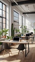 Fototapeta premium Modern Office Workspace with Sunlight and Plants