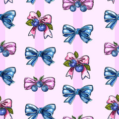Fototapeta premium Seamless Pattern of Blueberries and Leaves on Purple Background. Vibrant Berry and Leaf Illustration in Cool Tones. Decorative Blue and Purple Berries with Foliage