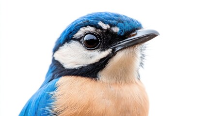 A close-up of a Taiwan Jay bird, highlighting its distinct blue plumage and elegant features, isolated on a white background