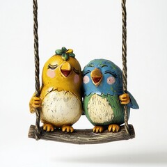 A cartoon-style love birds figurine with exaggerated features, sitting on a tiny swing