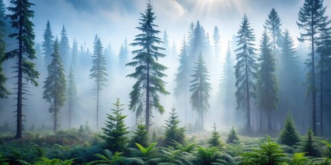 Fototapeta premium Serene morning mist shrouding a majestic evergreen forest, sunlight filtering through the dense canopy, illuminating the vibrant undergrowth