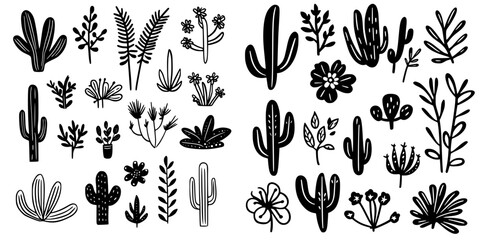 Collection of hand-drawn floral and cactus illustrations in black for creative projects and designs