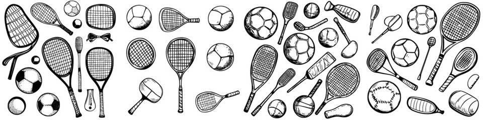 Different types of sports equipment arranged in a creative pattern on a white background