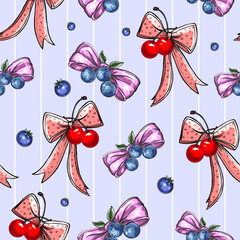 Seamless Pattern of Berries and Polka Dot Ribbons. Red Cherries and Blueberries with Decorative Bows. Playful Berry and Ribbon Design on Pink Background