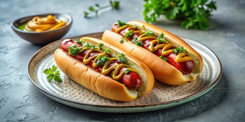 Savory Grilled Hot Dogs Topped with Mustard and Fresh Herbs on a Plate