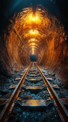 Naklejka premium Railroad Tunnel: Journey Through Darkness, Illuminated Tracks Ahead