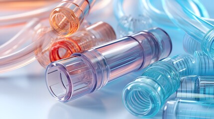 A clean and organized arrangement of various medical tubing and connectors displayed on a plain white surface  This minimalist