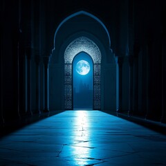 Moonlit archway in a grand hall.
