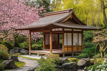 Japanese pagoda blossoms in spring serenity