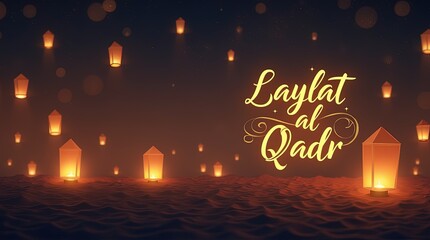Laylat al-Qadr in gold ink, floating paper lanterns. ramadan Kareem, Ramadan crescent moon, Eid Mubarak Islamic festival social media banner