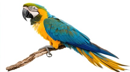 Obraz premium A vibrant Blue-and-Yellow Macaw perched elegantly, showcasing its striking blue and yellow feathers and long tail