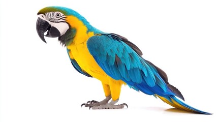 Fototapeta premium A vibrant Blue-and-Yellow Macaw perched elegantly, showcasing its striking blue and yellow feathers and long tail