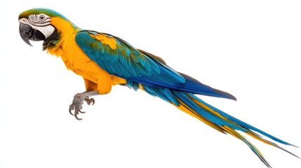 A vibrant Blue-and-Yellow Macaw perched elegantly, showcasing its striking blue and yellow feathers and long tail