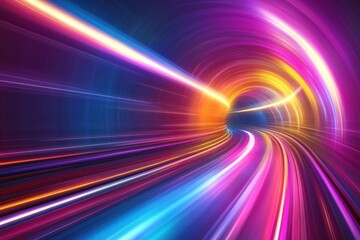 Colorful neon lights form a dynamic tunnel effect, showcasing vibrant motion and energy with a futuristic and abstract design