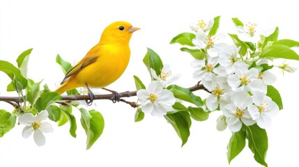 Fototapeta premium A vibrant small yellow bird sitting on a branch of a blossoming apple tree, with fresh green leaves and white flowers in full bloom