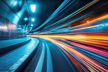 Vibrant light trails create a dynamic scene in an urban tunnel, showcasing speed and motion with vivid colors and blurred lines