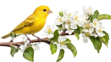 A vibrant small yellow bird sitting on a branch of a blossoming apple tree, with fresh green leaves and white flowers in full bloom